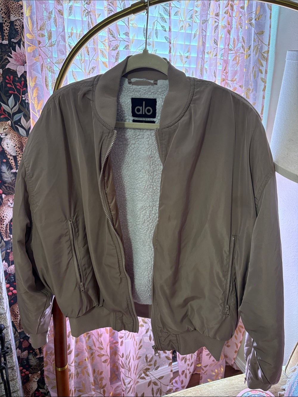 ALO Yoga Taupe Bomber Jacket with Cream Sherpa Lining